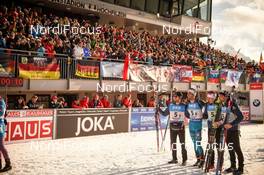 18.02.2017, Hochfilzen, Austria (AUT): Jean Guillaume Beatrix (FRA), Quenting Fillon Maillet (FRA), Simon Desthieux (FRA), Martin Fourcade (FRA) - IBU world championships biathlon, relay men, Hochfilzen (AUT). www.nordicfocus.com. © NordicFocus. Every downloaded picture is fee-liable.