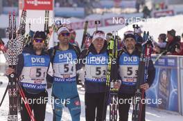 18.02.2017, Hochfilzen, Austria (AUT): Jean Guillaume Beatrix (FRA), Martin Fourcade (FRA), Quenting Fillon Maillet (FRA), Simon Desthieux (FRA), (l-r) - IBU world championships biathlon, relay men, Hochfilzen (AUT). www.nordicfocus.com. © NordicFocus. Every downloaded picture is fee-liable.