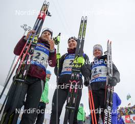 17.02.2017, Hochfilzen, Austria (AUT): Celia Aymonier (FRA), Justine Braisaz (FRA), Marie Dorin Habert (FRA) - IBU world championships biathlon, relay women, Hochfilzen (AUT). www.nordicfocus.com. © NordicFocus. Every downloaded picture is fee-liable.