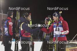 30.11.2017, Oestersund, Sweden, (SWE): Martin Fourcade (FRA), Quentin Fillon Maillet (FRA), Johannes Thingnes Boe (NOR), (l-r) - IBU world cup biathlon, individual men, Oestersund (SWE). www.nordicfocus.com. © Manzoni/NordicFocus. Every downloaded picture is fee-liable.