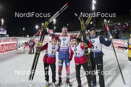 26.11.2017, Oestersund, Sweden, (SWE): Tiril Eckhoff (NOR), Emil Hegle Svendsen (NOR), Ingrid Landmark Tandrevold (NOR), Johannes Thingnes Boe (NOR), (l-r) - IBU world cup biathlon, relay mixed, Oestersund (SWE). www.nordicfocus.com. © Manzoni/NordicFocus. Every downloaded picture is fee-liable.