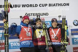 03.12.2017, Oestersund, Sweden, (SWE): Jakov Fak (SLO), Martin Fourcade (FRA), Quentin Fillon Maillet (FRA), (l-r) - IBU world cup biathlon, pursuit men, Oestersund (SWE). www.nordicfocus.com. © Manzoni/NordicFocus. Every downloaded picture is fee-liable.