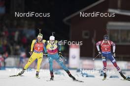 03.12.2017, Oestersund, Sweden, (SWE): Fredrik Lindstroem (SWE), Martin Fourcade (FRA), Tarjei Boe (NOR), (l-r) - IBU world cup biathlon, pursuit men, Oestersund (SWE). www.nordicfocus.com. © Manzoni/NordicFocus. Every downloaded picture is fee-liable.