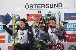03.12.2017, Oestersund, Sweden, (SWE): Justine Braisaz (FRA), Denise Herrmann (GER), Marte Olsbu (NOR), (l-r) - IBU world cup biathlon, pursuit women, Oestersund (SWE). www.nordicfocus.com. © Manzoni/NordicFocus. Every downloaded picture is fee-liable.