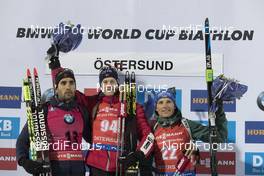 02.12.2017, Oestersund, Sweden, (SWE): Martin Fourcade (FRA), Tarjei Boe (NOR), Erik Lesser (GER), (l-r) - IBU world cup biathlon, sprint men, Oestersund (SWE). www.nordicfocus.com. © Manzoni/NordicFocus. Every downloaded picture is fee-liable.