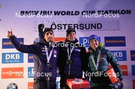 02.12.2017, Oestersund, Sweden, (SWE): Martin Fourcade (FRA), Tarjei Boe (NOR), Erik Lesser (GER) - IBU world cup biathlon, award and pricegiving ceremony, Oestersund (SWE). www.nordicfocus.com. © Tumashov/NordicFocus. Every downloaded picture is fee-liable.