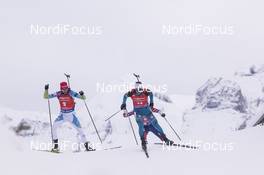 17.12.2017, Annecy-Le Grand Bornand, France (FRA): Jakov Fak (SLO), Simon Desthieux (FRA), (l-r) -  IBU world cup biathlon, mass men, Annecy-Le Grand Bornand (FRA). www.nordicfocus.com. © Manzoni/NordicFocus. Every downloaded picture is fee-liable.