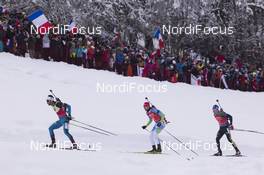 17.12.2017, Annecy-Le Grand Bornand, France (FRA): Martin Fourcade (FRA), Jakov Fak (SLO), Simon Schempp (GER), (l-r) -  IBU world cup biathlon, mass men, Annecy-Le Grand Bornand (FRA). www.nordicfocus.com. © Manzoni/NordicFocus. Every downloaded picture is fee-liable.