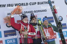 17.12.2017, Annecy-Le Grand Bornand, France (FRA): Johannes Thingnes Boe (NOR), Martin Fourcade (FRA), Erik Lesser (GER), (l-r) -  IBU world cup biathlon, mass men, Annecy-Le Grand Bornand (FRA). www.nordicfocus.com. © Manzoni/NordicFocus. Every downloaded picture is fee-liable.