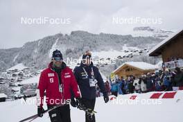 17.12.2017, Annecy-Le Grand Bornand, France (FRA): Siegfried Mazet (FRA) coach team Norway, Stephane Bouthiaux (FRA) coach Team France, (l-r) -  IBU world cup biathlon, mass women, Annecy-Le Grand Bornand (FRA). www.nordicfocus.com. © Manzoni/NordicFocus. Every downloaded picture is fee-liable.