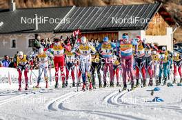 01.01.2017, Val Mustair, Switzerland (SUI): Niklas Dyrhaug (NOR), Francesco De Fabiani (ITA), Alex Harvey (CAN), Marcus Hellner (SWE), Dario Cologna (SUI), Sergey Ustiugov (RUS), (l-r)  - FIS world cup cross-country, tour de ski, mass men, Val Mustair (SUI). www.nordicfocus.com. © Modica/NordicFocus. Every downloaded picture is fee-liable.