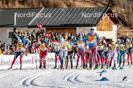 01.01.2017, Val Mustair, Switzerland (SUI): Niklas Dyrhaug (NOR), Francesco De Fabiani (ITA), Alex Harvey (CAN), Marcus Hellner (SWE), Dario Cologna (SUI), Sergey Ustiugov (RUS), (l-r)  - FIS world cup cross-country, tour de ski, mass men, Val Mustair (SUI). www.nordicfocus.com. © Modica/NordicFocus. Every downloaded picture is fee-liable.