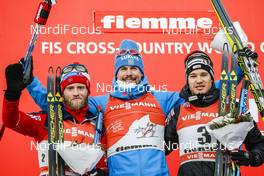08.01.2017, Val di Fiemme, Italy (ITA): Martin Johnsrud Sundby (NOR), Sergey Ustiugov (RUS), Dario Cologna (SUI), (l-r) - FIS world cup cross-country, tour de ski, final climb men, Val di Fiemme (ITA). www.nordicfocus.com. © Modica/NordicFocus. Every downloaded picture is fee-liable.