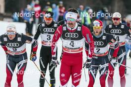 07.01.2017, Val di Fiemme, Italy (ITA): Alex Harvey (CAN), Didrik Toenseth (NOR), Dario Cologna (SUI), Martin Johnsrud Sundby (NOR), (l-r)  - FIS world cup cross-country, tour de ski, mass men, Val di Fiemme (ITA). www.nordicfocus.com. © Modica/NordicFocus. Every downloaded picture is fee-liable.
