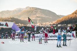 07.01.2017, Val di Fiemme, Italy (ITA): Matti Heikkinen (FIN), Maurice Manificat (FRA), Alex Harvey (CAN), Jens Burman (SWE), Francesco De Fabiani (ITA), (l-r)  - FIS world cup cross-country, tour de ski, mass men, Val di Fiemme (ITA). www.nordicfocus.com. © Modica/NordicFocus. Every downloaded picture is fee-liable.