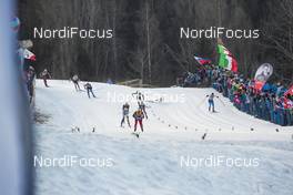 07.01.2017, Val di Fiemme, Italy (ITA): Heidi Weng (NOR), Ingvild Flugstad Oestberg (NOR), Stina Nilsson (SWE), Krista Parmakoski (FIN), Jessica Diggins (USA), Nathalie Von Siebenthal (SUI), (l-r)  - FIS world cup cross-country, tour de ski, mass women, Val di Fiemme (ITA). www.nordicfocus.com. © Modica/NordicFocus. Every downloaded picture is fee-liable.