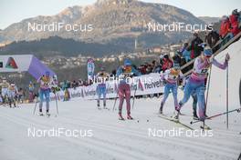 07.01.2017, Val di Fiemme, Italy (ITA): Anne Kylloenen (FIN), Krista Parmakoski (FIN), Polina Kalsina (RUS), Laura Mononen (FIN), Aino-Kaisa Saarinen (FIN), (l-r)  - FIS world cup cross-country, tour de ski, mass women, Val di Fiemme (ITA). www.nordicfocus.com. © Modica/NordicFocus. Every downloaded picture is fee-liable.