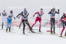 22.01.2017, Ulricehamn, Sweden (SWE): Calle Halfvarsson (SWE), Ristomatti Hakola (FIN), Jason Rueesch (SUI), Len Valjas (CAN), Sebastiano Pellegrin (ITA), (l-r)  - FIS world cup cross-country, 4x7.5km men, Ulricehamn (SWE). www.nordicfocus.com. © Modica/NordicFocus. Every downloaded picture is fee-liable.