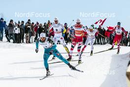 17.03.2017, Quebec, Canada (CAN): Baptiste Gros (FRA), Teodor Peterson (SWE), Johannes Hoesflot Klaebo (NOR), Andrew Young (GBR), Bob Thompson (CAN), (l-r)  - FIS world cup cross-country, individual sprint, Quebec (CAN). www.nordicfocus.com. © Modica/NordicFocus. Every downloaded picture is fee-liable.