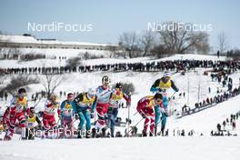 18.03.2017, Quebec, Canada (CAN): Niklas Dyrhaug (NOR), Sindre Bjoernestad Skar (NOR), Andrey Larkov (RUS), Lucas Chanavat (FRA), Finn Haagen Krogh (NOR), Johannes Hoesflot Klaebo (NOR), (l-r), Alex Harvey (CAN), (l-r)  - FIS world cup cross-country, mass men, Quebec (CAN). www.nordicfocus.com. © Modica/NordicFocus. Every downloaded picture is fee-liable.