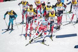 18.03.2017, Quebec, Canada (CAN): Johannes Hoesflot Klaebo (NOR), Niklas Dyrhaug (NOR), Didrik Toenseth (NOR), Jean Marc Gaillard (FRA), Paal Golberg (NOR), (l-r)  - FIS world cup cross-country, mass men, Quebec (CAN). www.nordicfocus.com. © Modica/NordicFocus. Every downloaded picture is fee-liable.