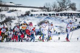 18.03.2017, Quebec, Canada (CAN): Heidi Weng (NOR), Hanna Falk (SWE), Ida Ingemarsdotter (SWE), Stina Nilsson (SWE), Maiken Caspersen Falla (NOR), (l-r)  - FIS world cup cross-country, mass women, Quebec (CAN). www.nordicfocus.com. © Modica/NordicFocus. Every downloaded picture is fee-liable.