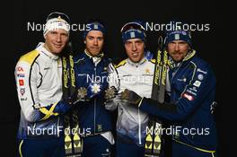 03.03.2017, Lahti, Finland (FIN): Daniel Rickardsson (SWE), Marcus Hellner (SWE), Calle Halfvarsson (SWE), Johan Olsson (SWE) - FIS nordic world ski championships, cross-country, medals, Lahti (FIN). www.nordicfocus.com. © Thibaut/NordicFocus. Every downloaded picture is fee-liable.