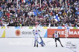 03.03.2017, Lahti, Finland (FIN): Calle Halfvarsson (SWE), Matti Heikkinen (FIN), Curdin Perl (SUI) - FIS nordic world ski championships, cross-country, 4x10km men, Lahti (FIN). www.nordicfocus.com. © Thibaut/NordicFocus. Every downloaded picture is fee-liable.