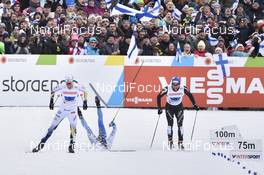 03.03.2017, Lahti, Finland (FIN): Calle Halfvarsson (SWE), Matti Heikkinen (FIN), Curdin Perl (SUI) - FIS nordic world ski championships, cross-country, 4x10km men, Lahti (FIN). www.nordicfocus.com. © Thibaut/NordicFocus. Every downloaded picture is fee-liable.