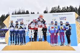 02.03.2017, Lahti, Finland (FIN): Anna Haag (SWE), Charlotte Kalla (SWE), Ebba Andersson (SWE), Stina Nilsson (SWE), Maiken Caspersen Falla (NOR), Astrid Uhrenholdt Jacobsen (NOR), Marit Bjoergen (NOR), Krista Parmakoski (FIN), Laura Mononen (FIN), Kerttu Niskanen (FIN), Aino-Kaisa Saarinen (FIN), (l-r) - FIS nordic world ski championships, cross-country, 4x5km women, Lahti (FIN). www.nordicfocus.com. © Thibaut/NordicFocus. Every downloaded picture is fee-liable.