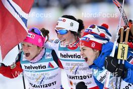 02.03.2017, Lahti, Finland (FIN): Maiken Caspersen Falla (NOR), Marit Bjoergen (NOR), Heidi Weng (NOR) - FIS nordic world ski championships, cross-country, 4x5km women, Lahti (FIN). www.nordicfocus.com. © Thibaut/NordicFocus. Every downloaded picture is fee-liable.