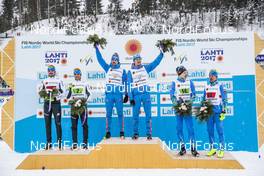 26.02.2017, Lahti, Finland (FIN): Dietmar Noeckler (ITA), Federico Pellegrino (ITA), Sergey Ustiugov (RUS), Nikita Kriukov (RUS), Iivo Niskanen (FIN), Sami Jauhojaervi (FIN), (l-r), (l-r) - FIS nordic world ski championships, cross-country, team sprint, Lahti (FIN). www.nordicfocus.com. © Modica/NordicFocus. Every downloaded picture is fee-liable.