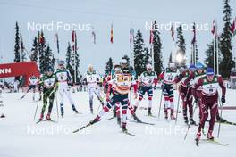 26.11.2017, Ruka, Finland (FIN): Alexey Poltoranin (KAZ), Iivo Niskanen (FIN), Calle Halfvarsson (SWE), Johannes Hoesflot Klaebo (NOR), Martin Johnsrud Sundby (NOR), Hans Christer Holund (NOR), Evgeniy Belov (RUS), (l-r)  - FIS world cup cross-country, pursuit men, Ruka (FIN). www.nordicfocus.com. © Modica/NordicFocus. Every downloaded picture is fee-liable.