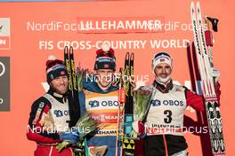 03.12.2017, Lillehammer, Norway (NOR): Martin Johnsrud Sundby (NOR), Johannes Hoesflot Klaebo (NOR), Hans Christer Holund (NOR), (l-r) - FIS world cup cross-country, skiathlon men, Lillehammer (NOR). www.nordicfocus.com. © Modica/NordicFocus. Every downloaded picture is fee-liable.