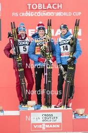 17.12.2017, Toblach, Italy (ITA): Sergey Ustiugov (RUS), Johannes Hoesflot Klaebo (NOR), Alexey Poltoranin (KAZ), (l-r) - FIS world cup cross-country, pursuit men, Toblach (ITA). www.nordicfocus.com. © Modica/NordicFocus. Every downloaded picture is fee-liable.