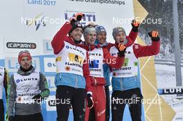 26.02.2017, Lahti, Finland (FIN): Philipp Orter (AUT), Paul Gerstgraser (AUT), Bernhard Gruber (AUT), Mario Seidl (AUT) - FIS nordic world ski championships, nordic combined, team HS100/4x5km, Lahti (FIN). www.nordicfocus.com. © Thibaut/NordicFocus. Every downloaded picture is fee-liable.