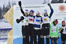 26.02.2017, Lahti, Finland (FIN): Joergen Graabak (NOR), Magnus Krog (NOR), Mikko Kokslien (NOR), Magnus Moan (NOR), (l-r) - FIS nordic world ski championships, nordic combined, team HS100/4x5km, Lahti (FIN). www.nordicfocus.com. © Thibaut/NordicFocus. Every downloaded picture is fee-liable.