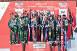 02.12.2017, Lillehammer, Norway (NOR): German Team, Norway Team, France Team on the podium (l-r) - FIS world cup nordic combined, team HS100/4x5km, Lillehammer (NOR). www.nordicfocus.com. © Modica/NordicFocus. Every downloaded picture is fee-liable.
