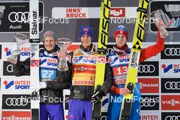 04.01.2017, Innsbruck, Austria (AUT): Robert Johansson (NOR), Daniel Andre Tande (NOR), Evgeniy Klimov (RUS), (l-r) - FIS world cup ski jumping, four hills tournament, individual HS130, Innsbruck (AUT). www.nordicfocus.com. © Rauschendorfer/NordicFocus. Every downloaded picture is fee-liable.