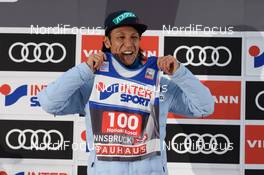 04.01.2017, Innsbruck, Austria (AUT): Noriaki Kasai (JPN) is honored for his 100th event at the four hills tournament - FIS world cup ski jumping, four hills tournament, individual HS130, Innsbruck (AUT). www.nordicfocus.com. © Rauschendorfer/NordicFocus. Every downloaded picture is fee-liable.