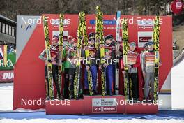 25.03.2017, Planica, Slovenia (SLO): Markus Eisenbichler (GER), Richard Freitag (GER), Karl Geiger (GER), Andreas Wellinger (GER), Robert Johansson (NOR), Johann Andre Forfang (NOR), Anders Fannemel (NOR), Andreas Stjernen (NOR), Piotr Zyla (POL), Dawid Kubacki (POL), Maciej Kot (POL), Kamil Stoch (POL), (l-r) - FIS world cup ski flying, team HS225, Planica (SLO). www.nordicfocus.com. © Modica/NordicFocus. Every downloaded picture is fee-liable.