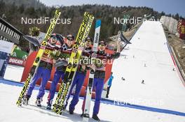 25.03.2017, Planica, Slovenia (SLO): Anders Fannemel (NOR), Johann Andre Forfang (NOR), Robert Johansson (NOR), Andreas Stjernen (NOR), (l-r)  - FIS world cup ski flying, team HS225, Planica (SLO). www.nordicfocus.com. © Modica/NordicFocus. Every downloaded picture is fee-liable.