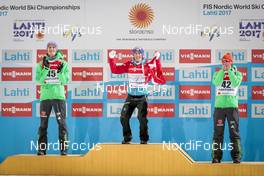 25.02.2017, Lahti, Finland (FIN): Andreas Wellinger (GER), Stefan Kraft (AUT), Markus Eisenbichler (GER), (l-r) - FIS nordic world ski championships, ski jumping, individual HS100, Lahti (FIN). www.nordicfocus.com. © Modica/NordicFocus. Every downloaded picture is fee-liable.