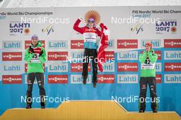 25.02.2017, Lahti, Finland (FIN): Andreas Wellinger (GER), Stefan Kraft (AUT), Markus Eisenbichler (GER), (l-r) - FIS nordic world ski championships, ski jumping, individual HS100, Lahti (FIN). www.nordicfocus.com. © Modica/NordicFocus. Every downloaded picture is fee-liable.