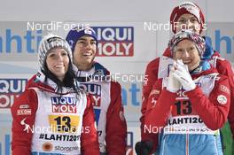26.02.2017, Lahti, Finland (FIN): Michael Hayboeck (AUT), Stefan Kraft (AUT), Daniela Iraschko (AUT), (l-r) - FIS nordic world ski championships, ski jumping, mixed team HS100, Lahti (FIN). www.nordicfocus.com. © Thibaut/NordicFocus. Every downloaded picture is fee-liable.