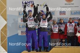 04.03.2017, Lahti, Finland (FIN): Anders Fannemel (NOR), Johann Andre Forfang (NOR), Daniel Andre Tande (NOR), Andreas Stjernen (NOR) - FIS nordic world ski championships, ski jumping, team HS130, Lahti (FIN). www.nordicfocus.com. © Thibaut/NordicFocus. Every downloaded picture is fee-liable.