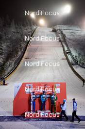 26.11.2017, Ruka, Finland (FIN): Johann Andre Forfang (NOR), Jernej Damjan (SLO), Andreas Wellinger (GER), (l-r) - FIS world cup ski jumping, individual HS142, Ruka (FIN). www.nordicfocus.com. © Rauschendorfer/NordicFocus. Every downloaded picture is fee-liable.