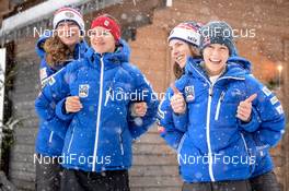 16.12.2017, Hinterzarten, Germany (GER): Nina Lussi (USA), Abby Ringquist (USA), Sarah Hendrickson (USA), Nita Englund (USA) - FIS world cup ski jumping ladies, team HS108, Hinterzarten (GER). www.nordicfocus.com. © Tumashov/NordicFocus. Every downloaded picture is fee-liable.