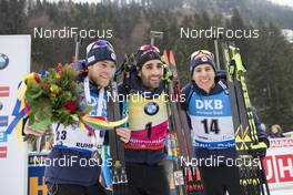 14.01.2018, Ruhpolding, Germany (GER): Antonin Guigonnat (FRA), Martin Fourcade (FRA), Quentin Fillon Maillet (FRA), (l-r) -  IBU world cup biathlon, mass men, Ruhpolding (GER). www.nordicfocus.com. © Manzoni/NordicFocus. Every downloaded picture is fee-liable.