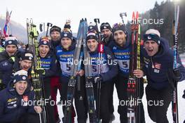 12.01.2018, Ruhpolding, Germany (GER): Quentin Fillon Maillet (FRA), Antonin Guigonnat (FRA), Simon Desthieux (FRA), Martin Fourcade (FRA), Stephane Bouthiaux (FRA) coach Team France, (l-r) -  IBU world cup biathlon, relay men, Ruhpolding (GER). www.nordicfocus.com. © Manzoni/NordicFocus. Every downloaded picture is fee-liable.